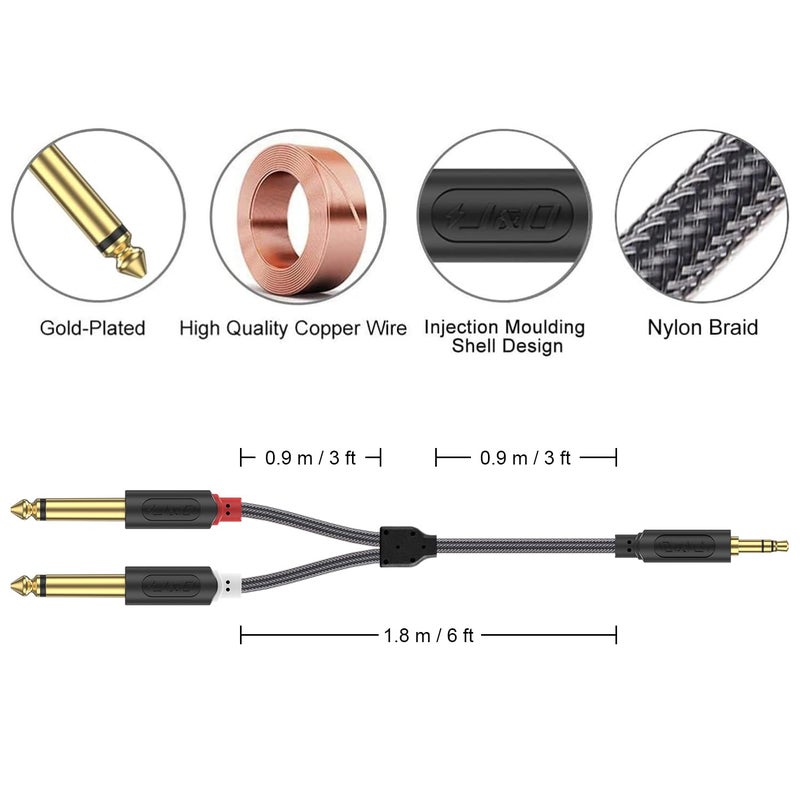 J&D 3.5mm TRS to Dual 6.35mm TS Breakout Cable, Gold Plated Audiowave Series 1/8 to Dual 1/4 Stereo Cable Splitter with Nylon Braid Compatible with PC, Computer Sound Card, Mixer, Speaker, 6 Feet - Image 3
